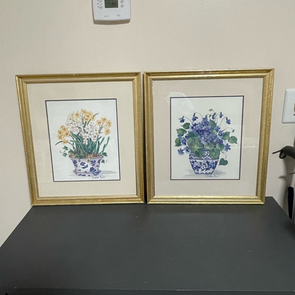 Pair of Vintage Barbara Mock Gold Framed Blue White Pot Prints 19X11
